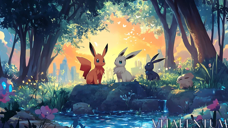 Elemental fox creatures gather beside glowing forest stream