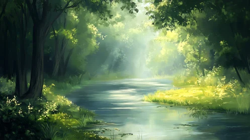 Luminous Forest Stream: Atmospheric Backlit Woodland Waterway