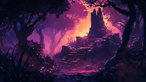 Neon-Lit Forest Cavern with Towering Monolith and Golden Sky.