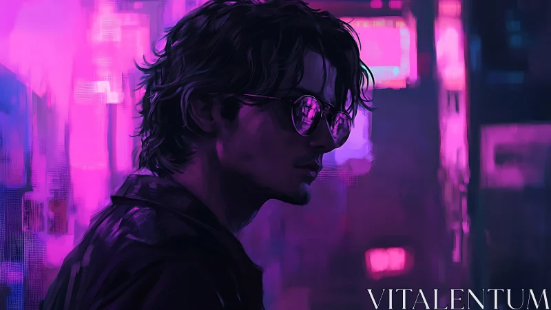 Man in neon cityscape with reflective sunglasses at night.