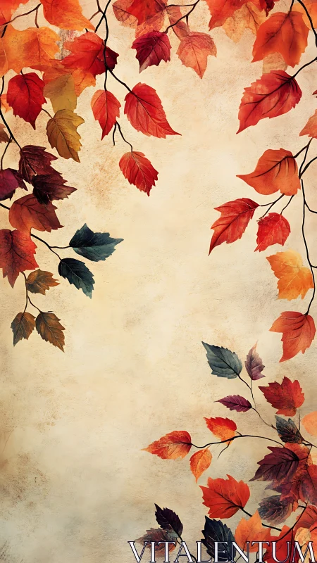 Vertical autumn foliage border frames textured parchment space