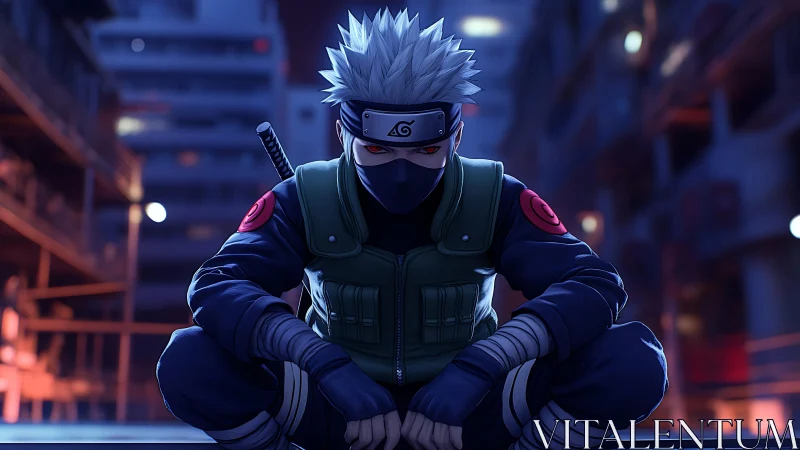 Masked shinobi sentinel in neon urban tactical stillness.