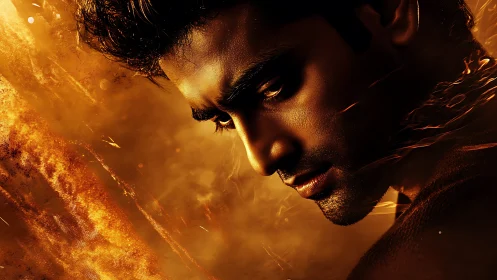 Side-lit male portrait immersed in fiery particulate atmosphere