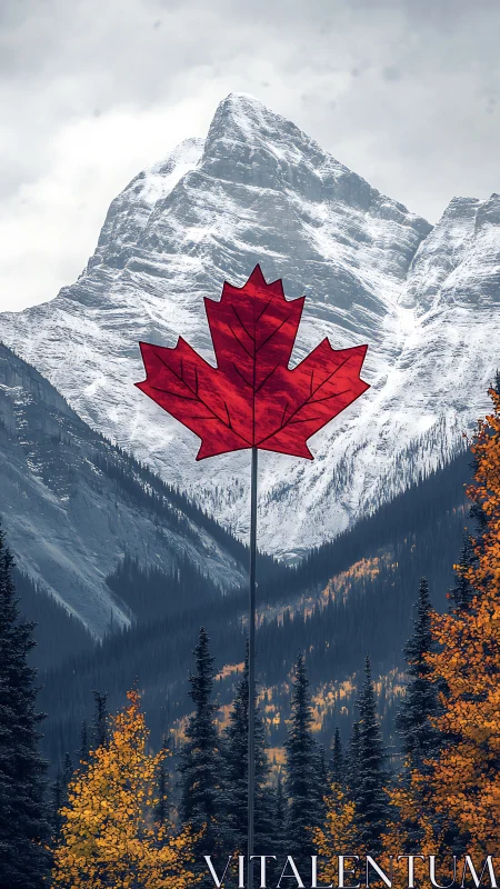 Red maple leaf flag rises before snow-covered Canadian peak
