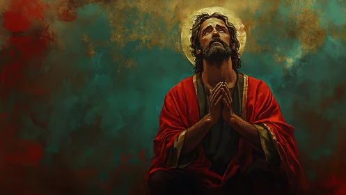 Kneeling robed figure in prayer under radiant gilded halo