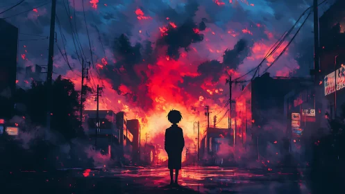 Silhouetted wanderer beneath a burning neon twilight sky.