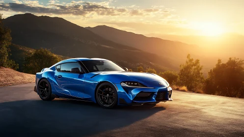 Sunset-tuned blue coupe lounges on a winding mountain road