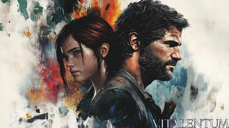 Two characters stand back to back against abstract paint field