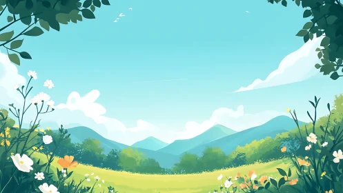 Digital landscape of meadow, distant hills and open sky.