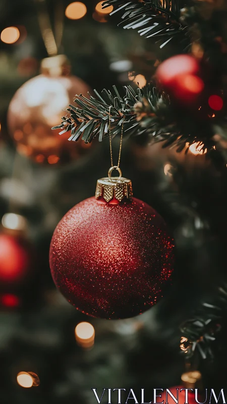 Glowing red Christmas bauble nestled in soft tree lights.