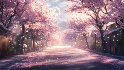 Soft morning light welcomes a quiet street of cherry trees