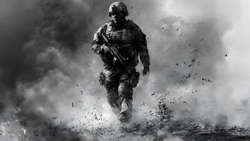 Lone tactical warrior strides through shattering war smoke.
