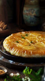Golden rustic pie gleams on wood in homestyle kitchen glow.
