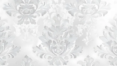 Ornate white damask pattern with embossed floral relief texture.