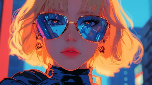 Neon city girl reflects electric skyline in mirrored shades.