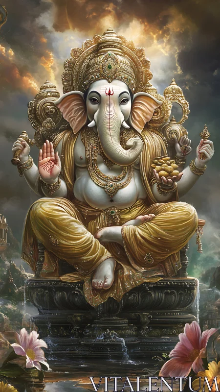Golden Ganesha enthroned above shimmering lotus waters.