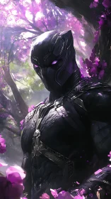 Vibrant panther guardian prowls through mythic violet bloom.