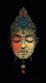 Meditative chakra portrait rendered in ornate neon lines.