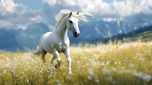 White stallion runs through sunlit wildflower meadow.