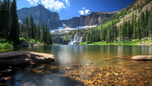 Mountain lake and waterfall shimmer under bright alpine sky