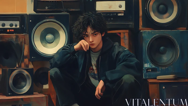 Brooding downtown dreamer in a crumbling wall of speakers.