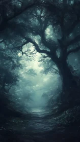 Ethereal Forest Path Through Luminous Woodland Canopy.