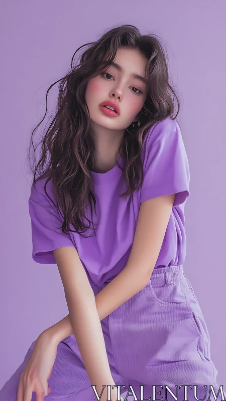 Monochrome lavender fashion portrait exudes soft confidence.