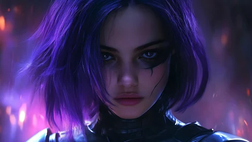 Violet-haired cyber heroine under neon rim lighting gaze.