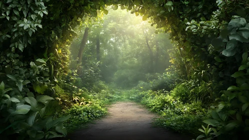 Forest path tunnel with dense green foliage and atmospheric light filtering through canopy