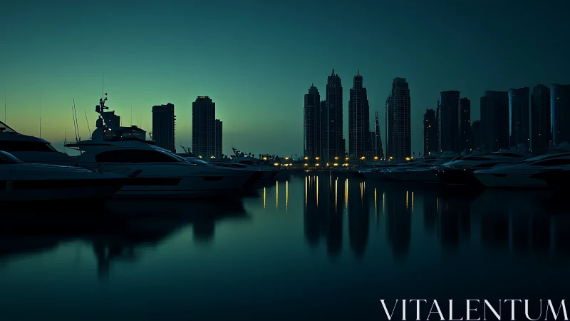 Marina skyline silhouettes reflect on calm water at blue hour