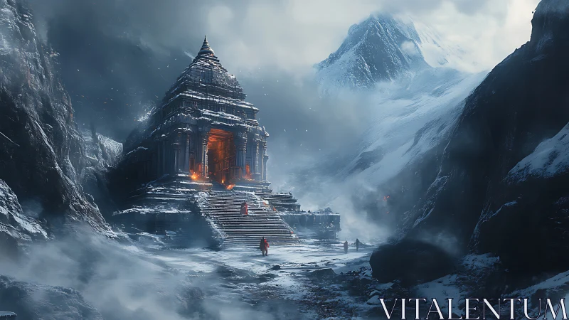 Snowbound mountain temple with glowing sanctum entrance.