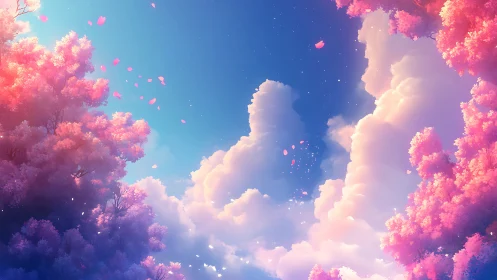 Sunlit pink blossoms frame luminous drifting clouds