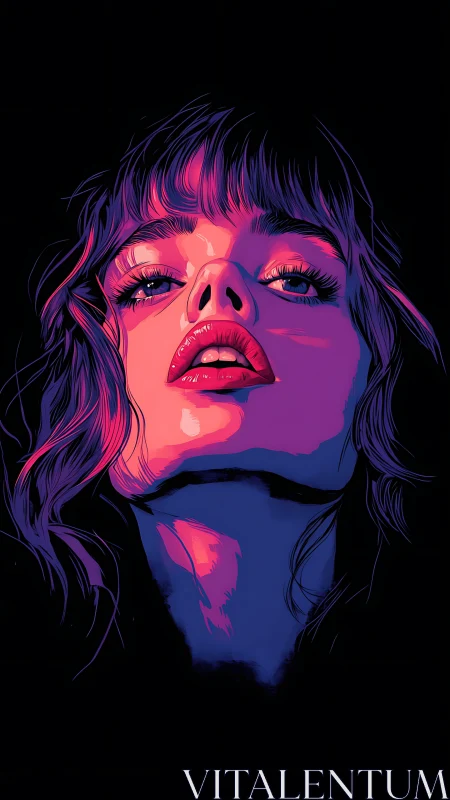 Neon-lit female portrait in bold upward close-up view.