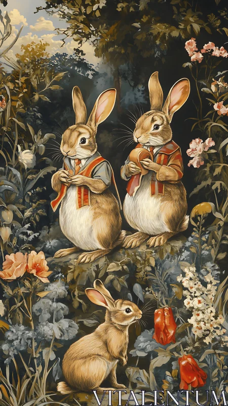 Victorian woodland rabbits in ornate floral digital painting.