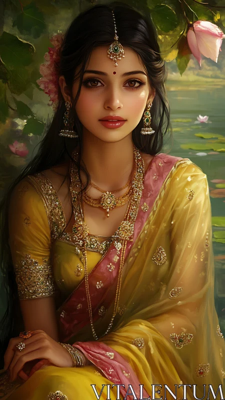 Elegant woman in yellow sari glows beside tranquil lotus pond