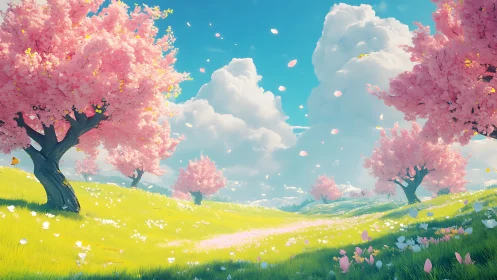 Digital painting of luminous cherry grove with drifting petals.