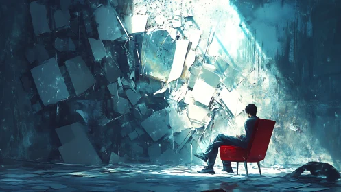 Silent thinker watches memory fragments collide with light