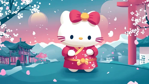 Cute white cat in kimono amid pastel spring landscape.