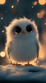 Digital render shows stylized white bird standing on snow