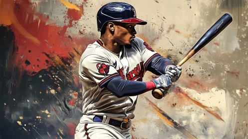 Dynamic baseball batter swings amid explosive painted energy