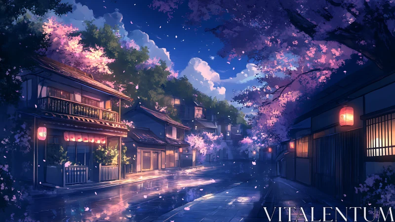 Nighttime cherry blossom street in traditional Japanese town.