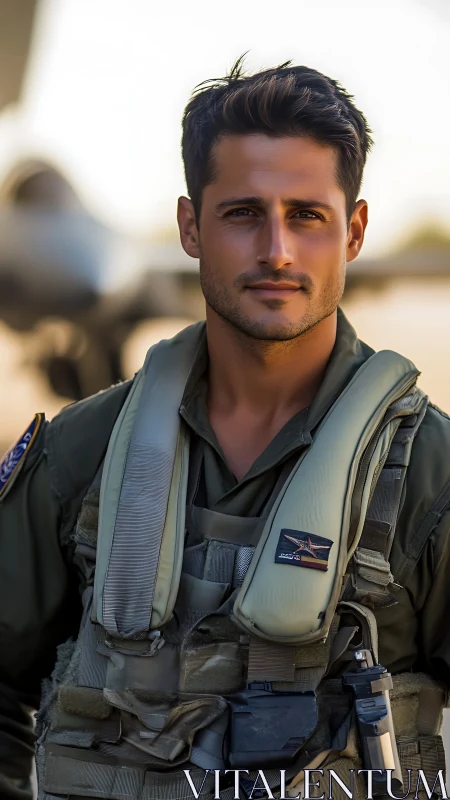 Photorealistic military pilot portrait with tactical gear focus.