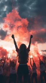 Crowd holding flares with backlit smoke under cloudy sky.