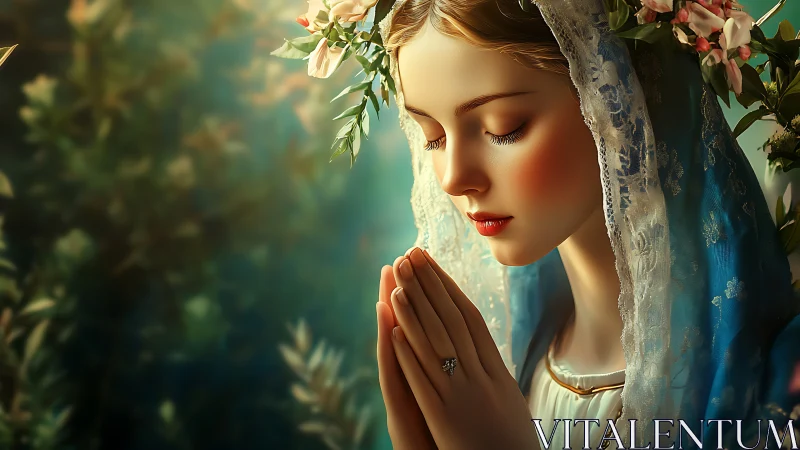 Portrait of praying woman in veil rendered as digital painting