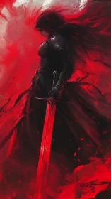 Crimson warrior silhouette with glowing red greatsword.