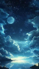Digital painting nocturne with lunar sky and reflective sea.