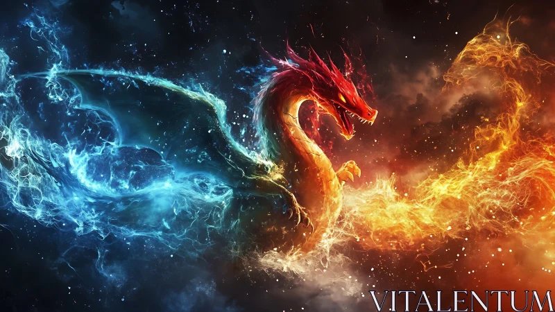 Elemental dragon in dynamic dual-flame digital painting composition.