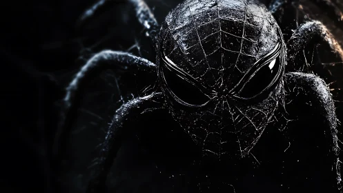 Dark stylized spider head with webbed texture detail.