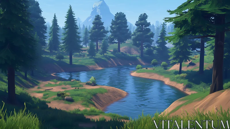 Serene Forest Valley: Where Mountains Meet Flowing Water.