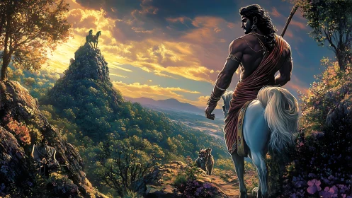 Mythic centaur warrior overlooking expansive valley landscape.